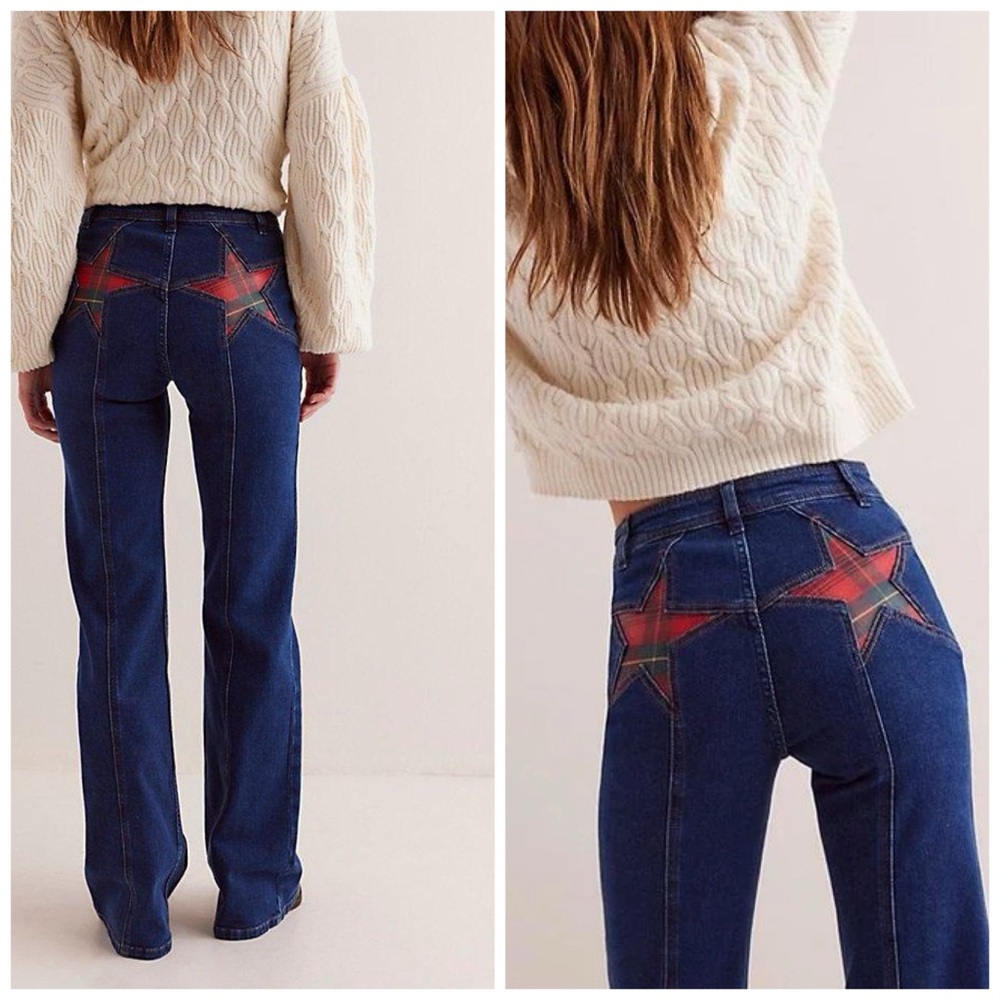 Free People‎ Firecracker Jeans Holiday Tartan Stars Blue Plaid Size 30